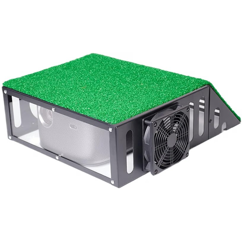 Projector installed inside Steelink protective case with turf top and fan