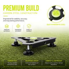 Close-up of R10 leveling stand's carbon steel base and built-in magnetic level