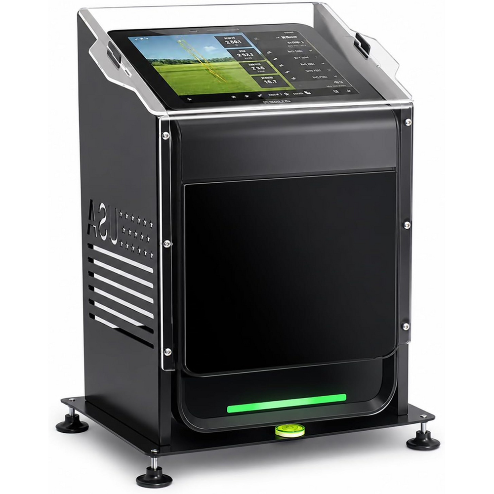 Black metal and acrylic protective case for Garmin R50 launch monitor with device installed