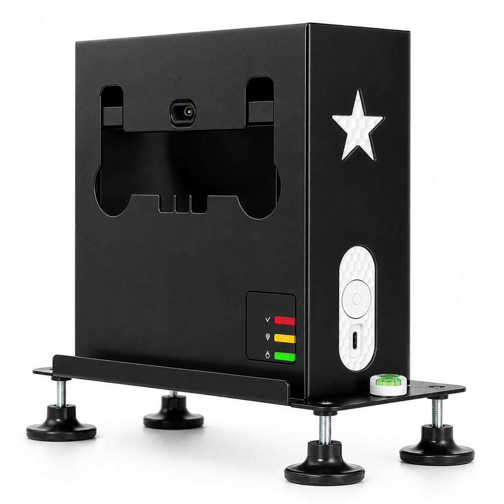 SkyTrak launch monitor secured in Steelink protective case, front view