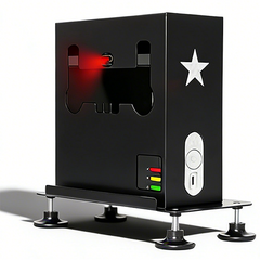 SkyTrak launch monitor secured in Steelink protective case, front view