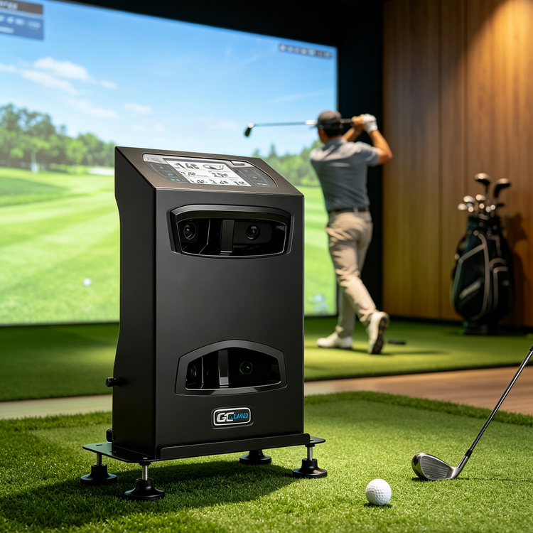 Golf simulator setup with GCQuad launch monitor - SteelInkGolf about us banner