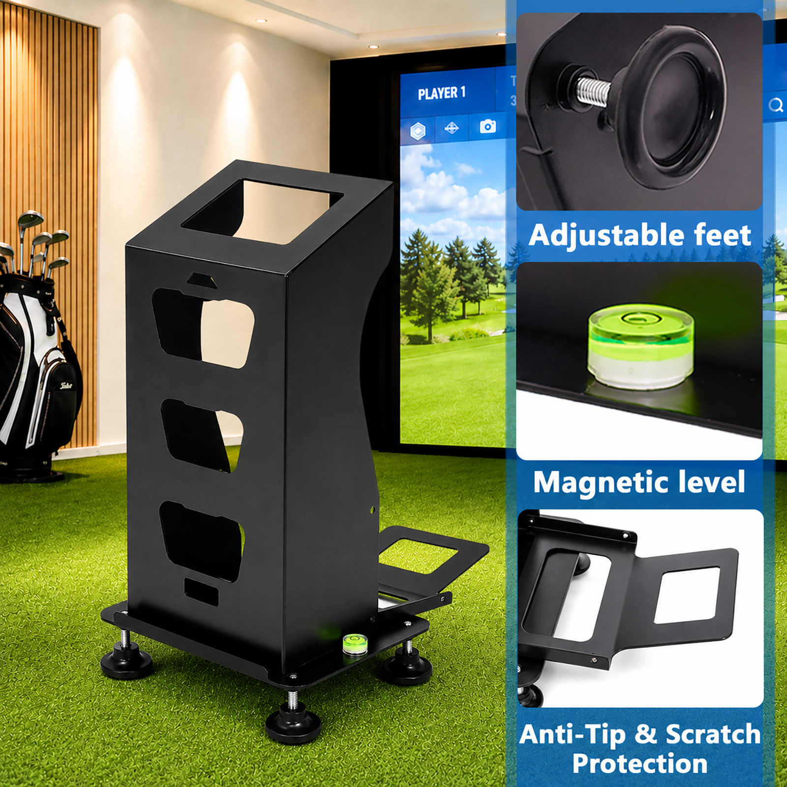 GC3/S case adjustable feet, magnetic level, and anti-tip scratch protection detail