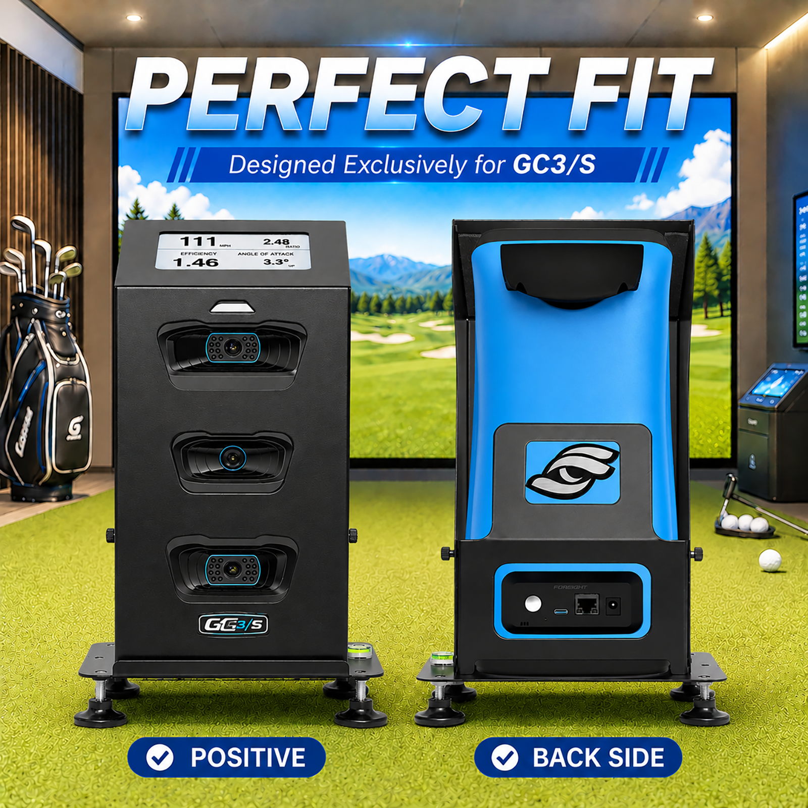 Front and back view of GC3/S launch monitor secured inside its metal case