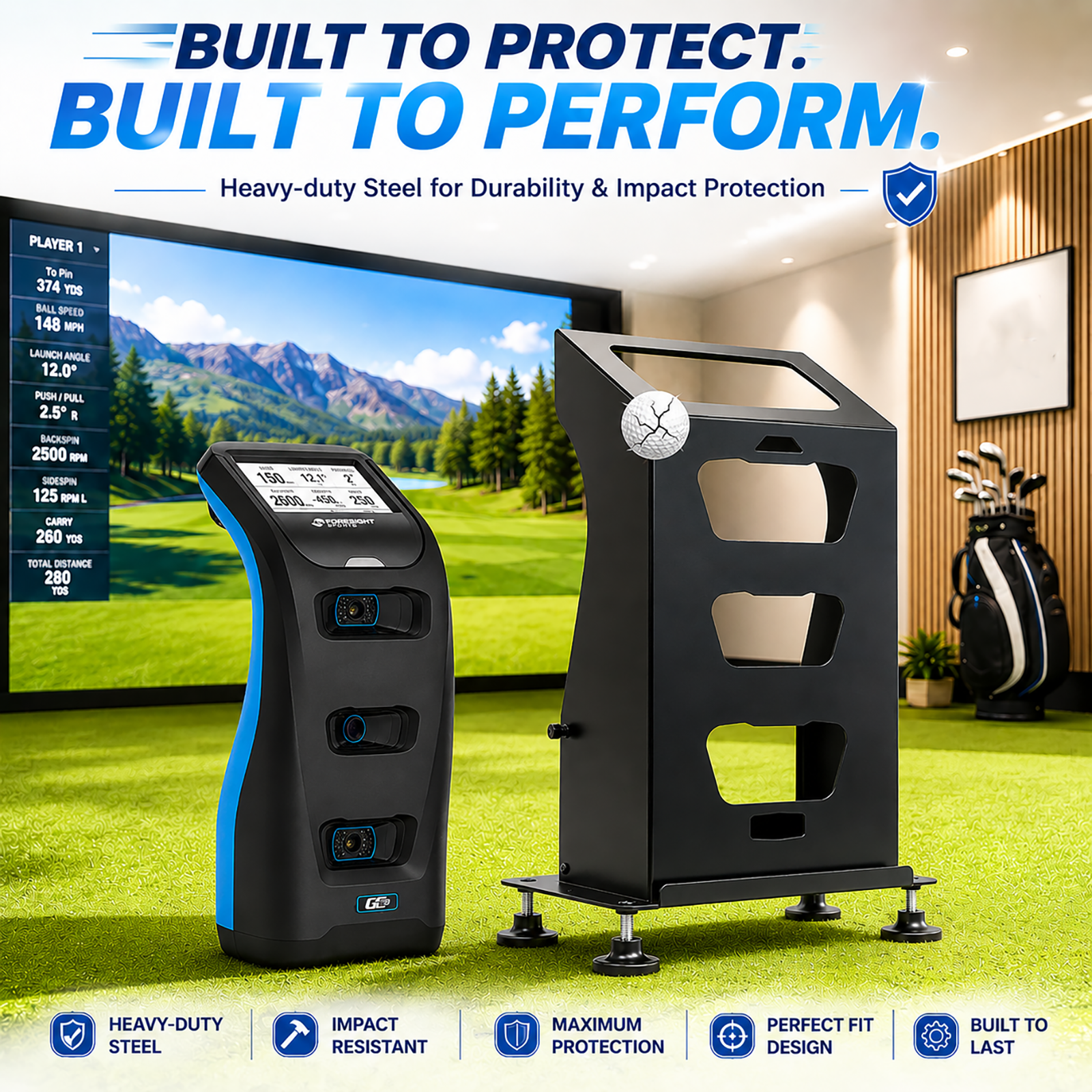 GC3/S protective case withstanding a golf ball impact, built from heavy-duty steel