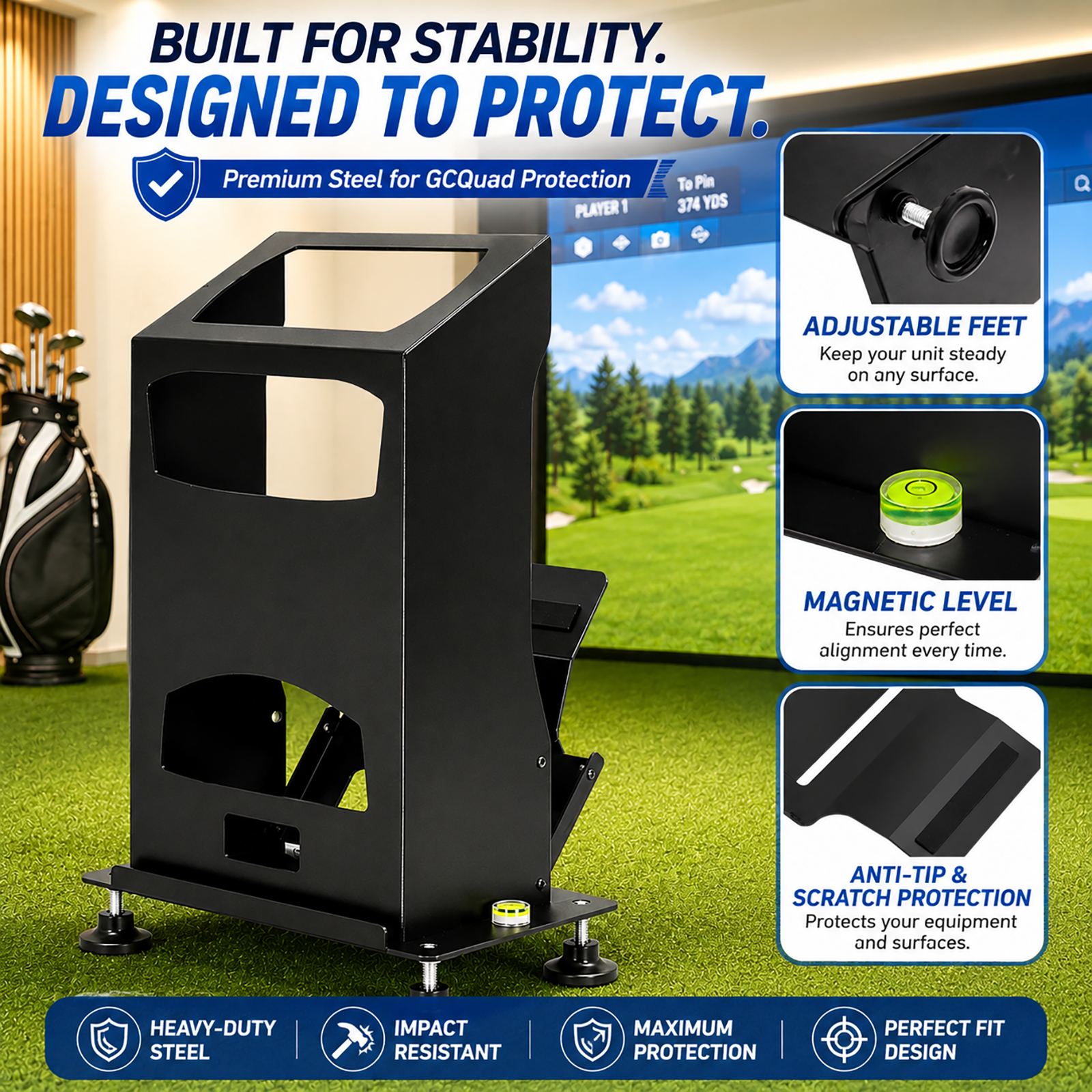 GCQuad case adjustable feet, magnetic level, and anti-tip scratch protection