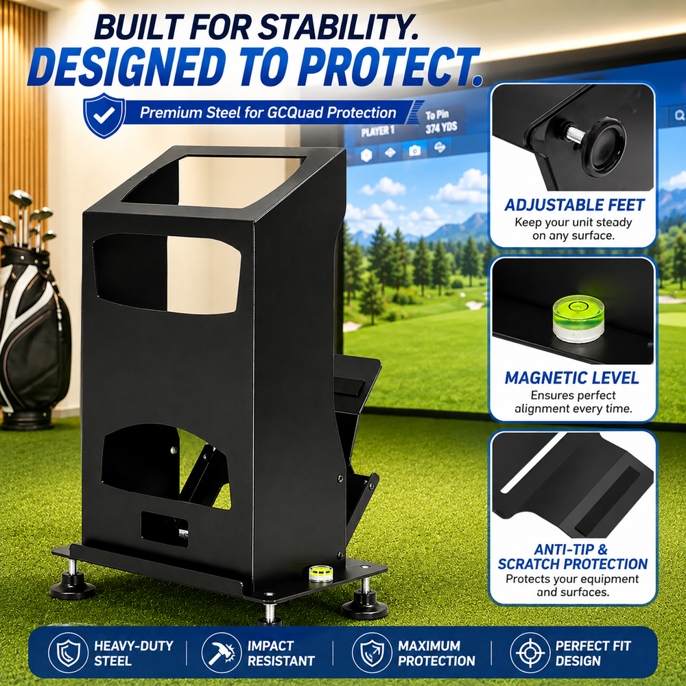 GCQuad case adjustable feet, magnetic level, and anti-tip scratch protection