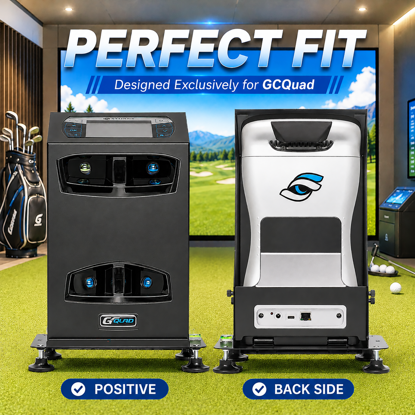 Front and back view of GCQuad launch monitor secured inside its metal case
