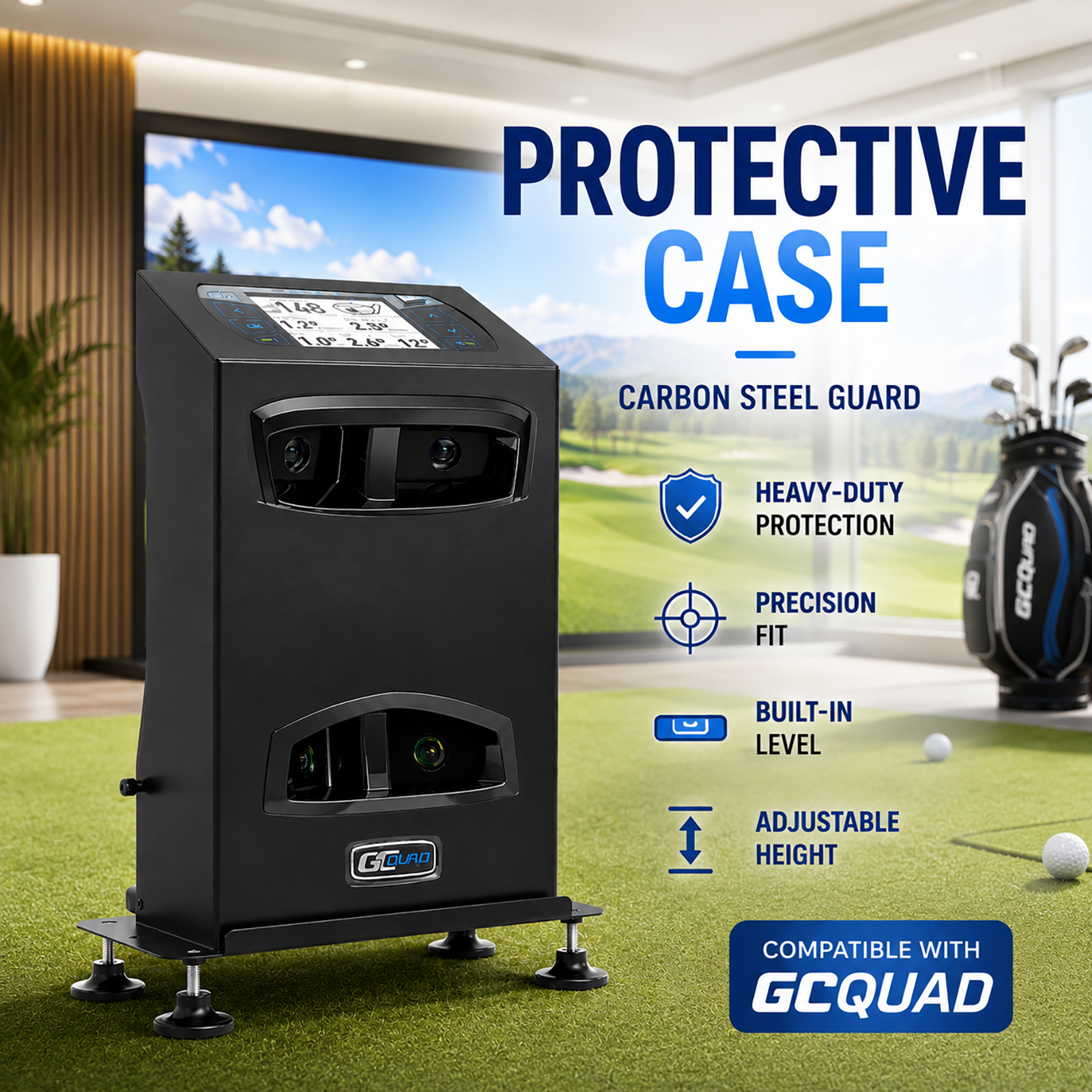 GCQuad protective case feature highlights: heavy-duty protection, precision fit, built-in level