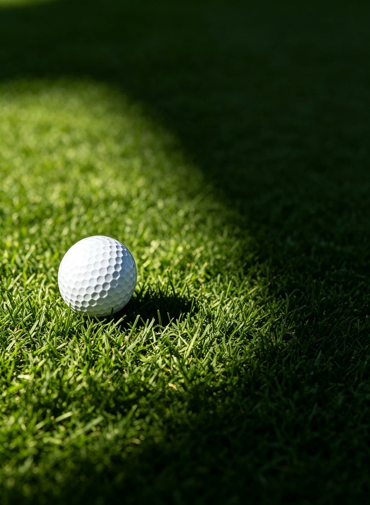 Close-up of a golf ball resting on green grass, mobile banner