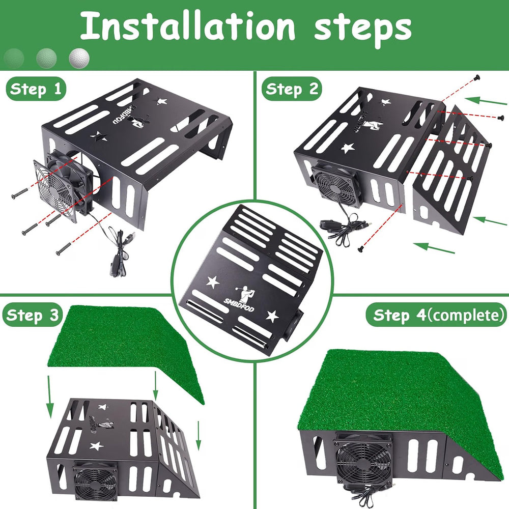 Golf simulator projector enclosure installation steps - fan, frame and turf assembly