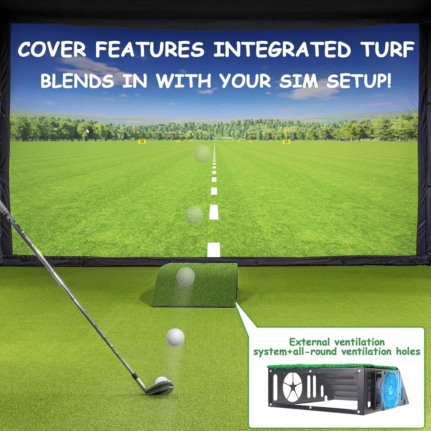 Golf simulator projector enclosure - integrated turf design with dual ventilation system