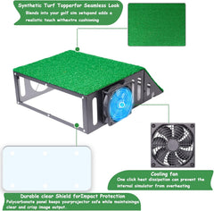 Golf simulator projector enclosure - synthetic turf, polycarbonate shield, cooling fan details