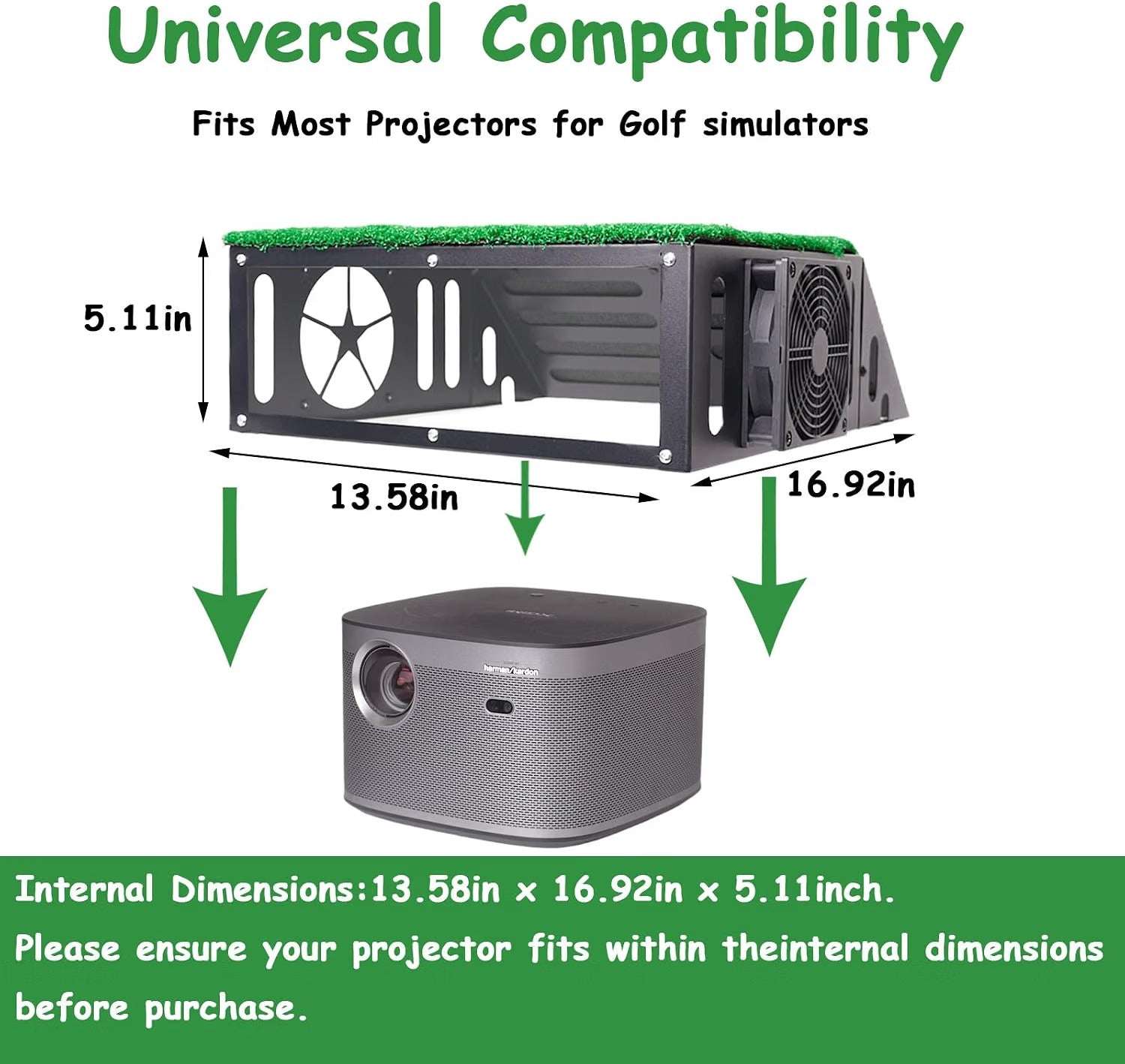 Golf simulator projector enclosure - universal compatibility, 13.58x16.92x5.11in internal