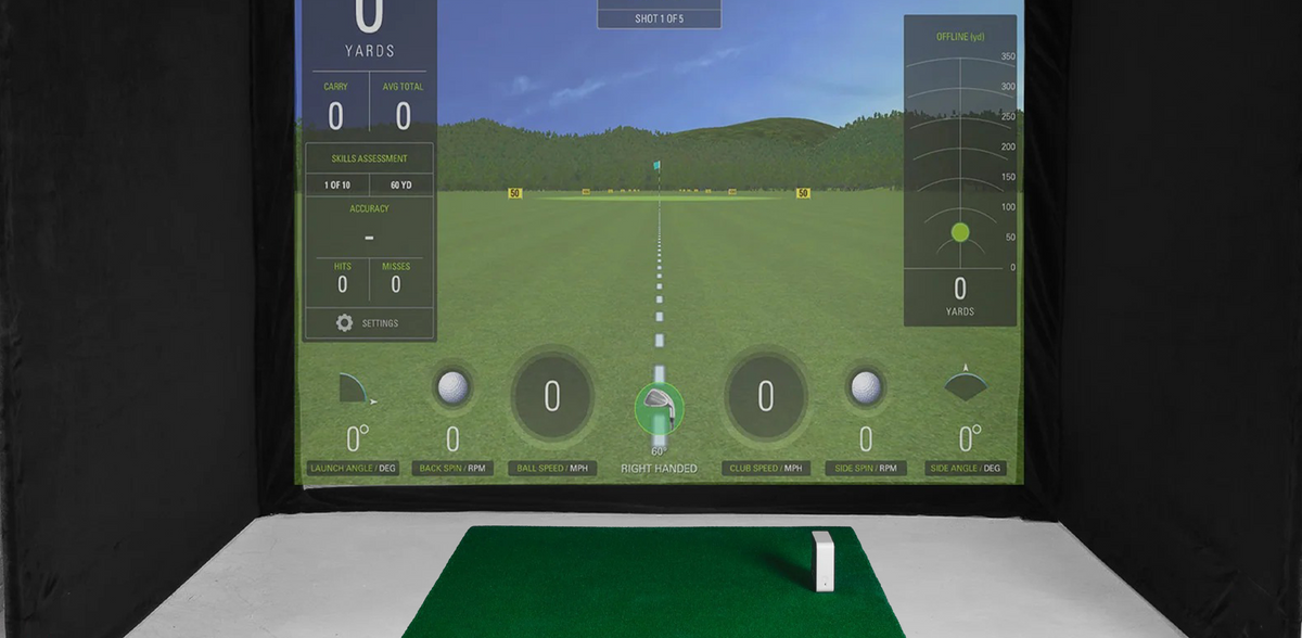 Golf simulator screen showing shot tracer, ball speed and launch data