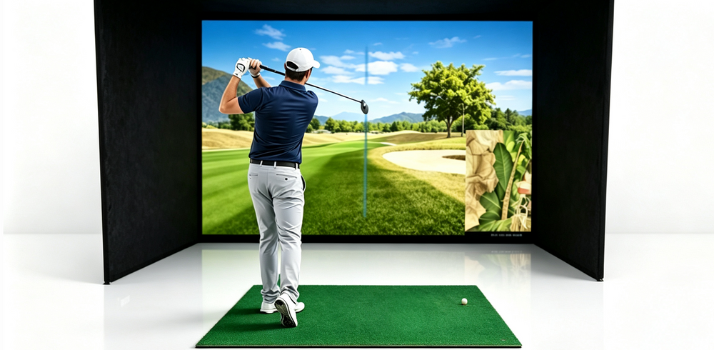 Golfer swinging in home golf simulator with course graphics on screen