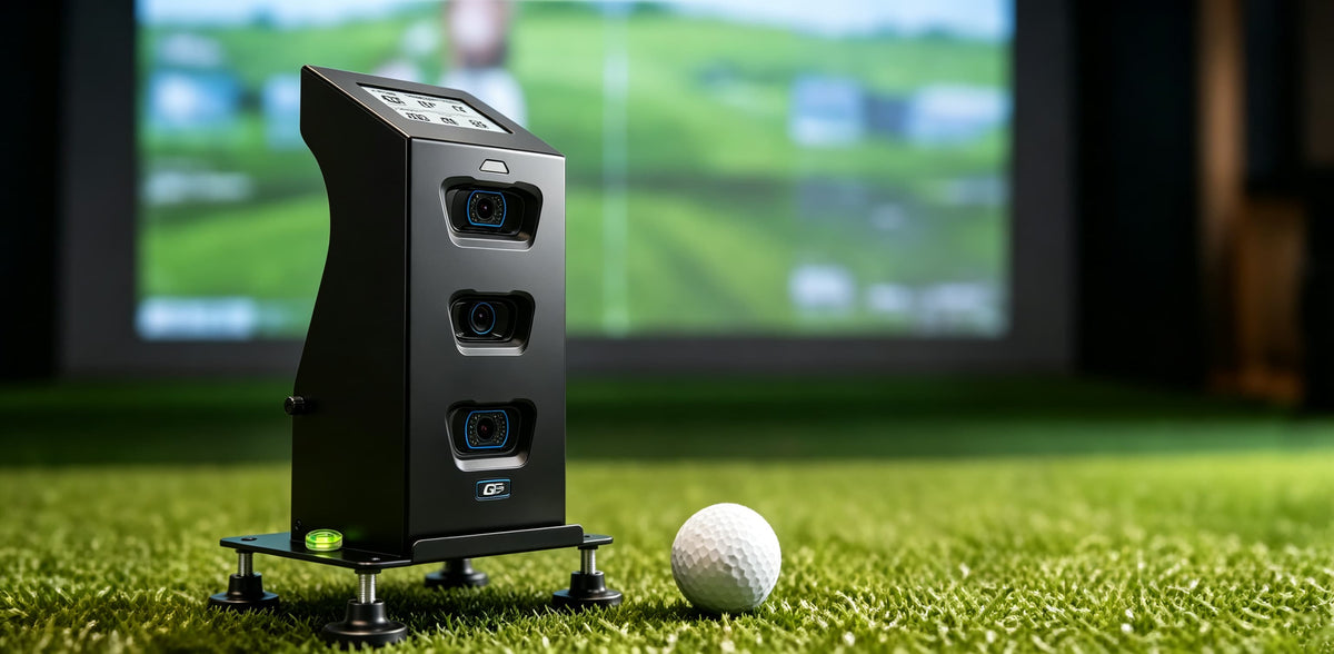 Golf launch monitor on turf with simulator screen blurred in background