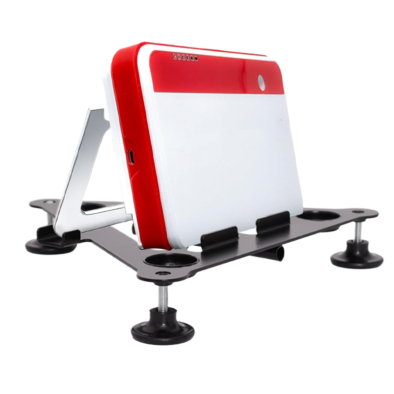 Mevo+ launch monitor mounted on Steelink adjustable leveling stand