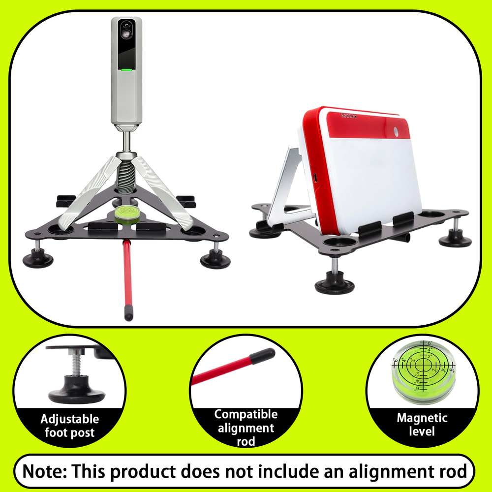 Leveling stand details - adjustable foot post, alignment rod compatible, magnetic level