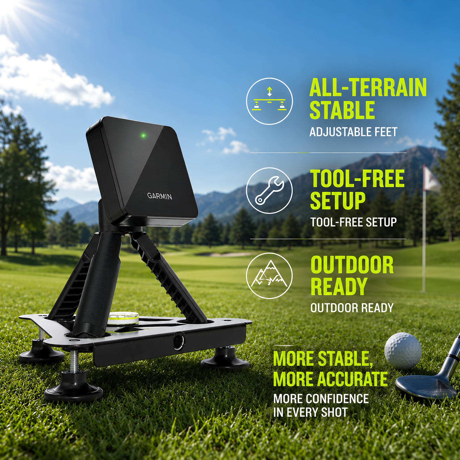 Garmin R10 on leveling stand outdoors on a golf course with feature callouts