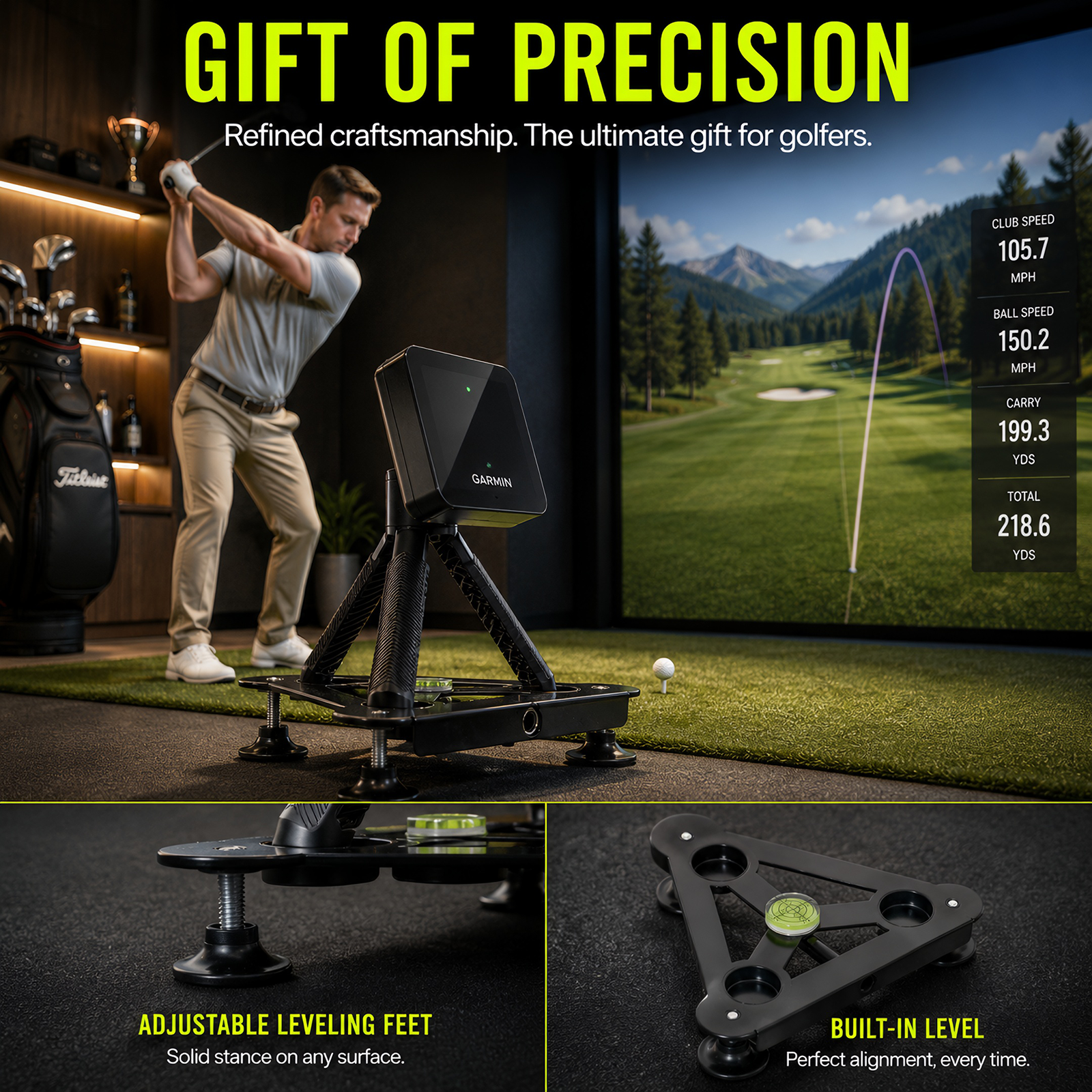 Golfer using Garmin R10 on leveling stand with simulator screen and close-up feet/level details