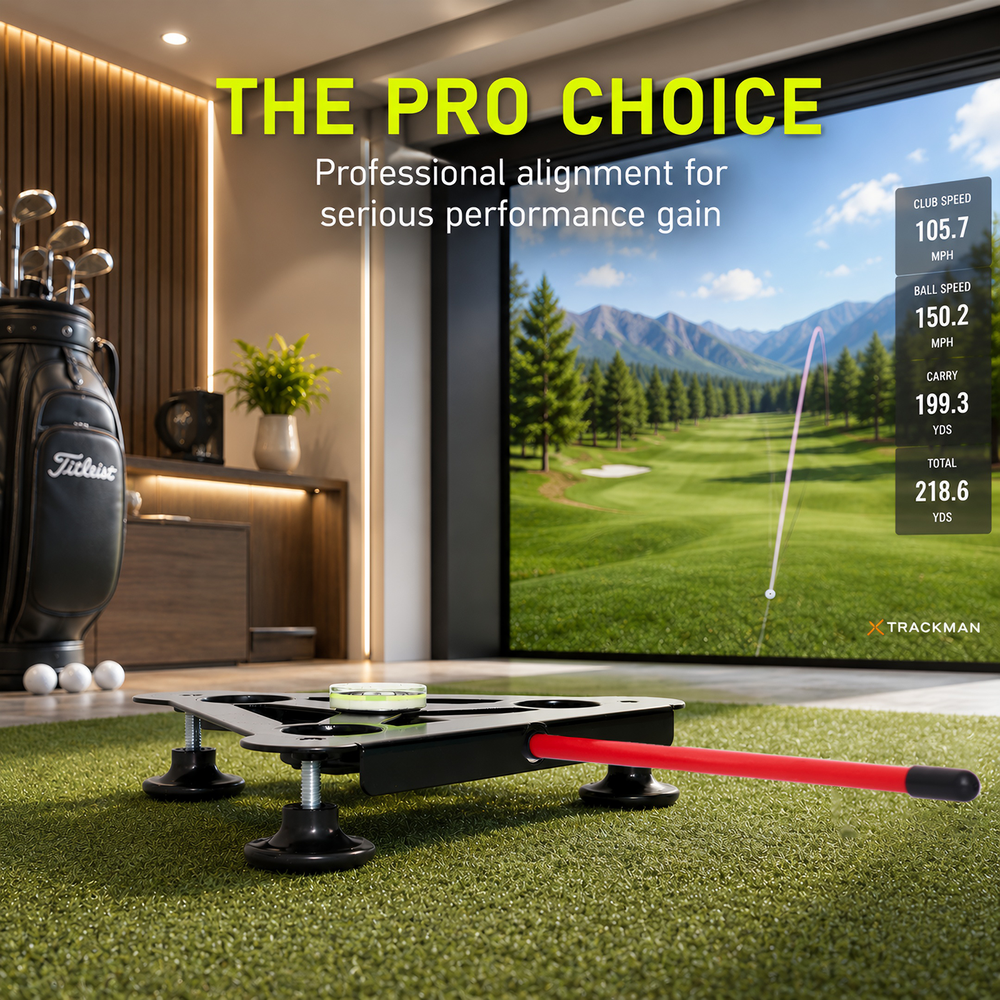 R10 leveling stand with alignment rod in a home golf simulator setup