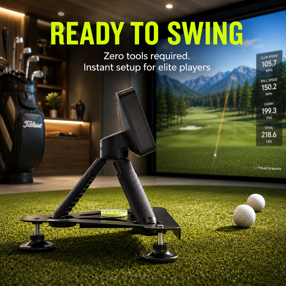 Garmin R10 mounted on leveling stand in a golf simulator room, ready for use