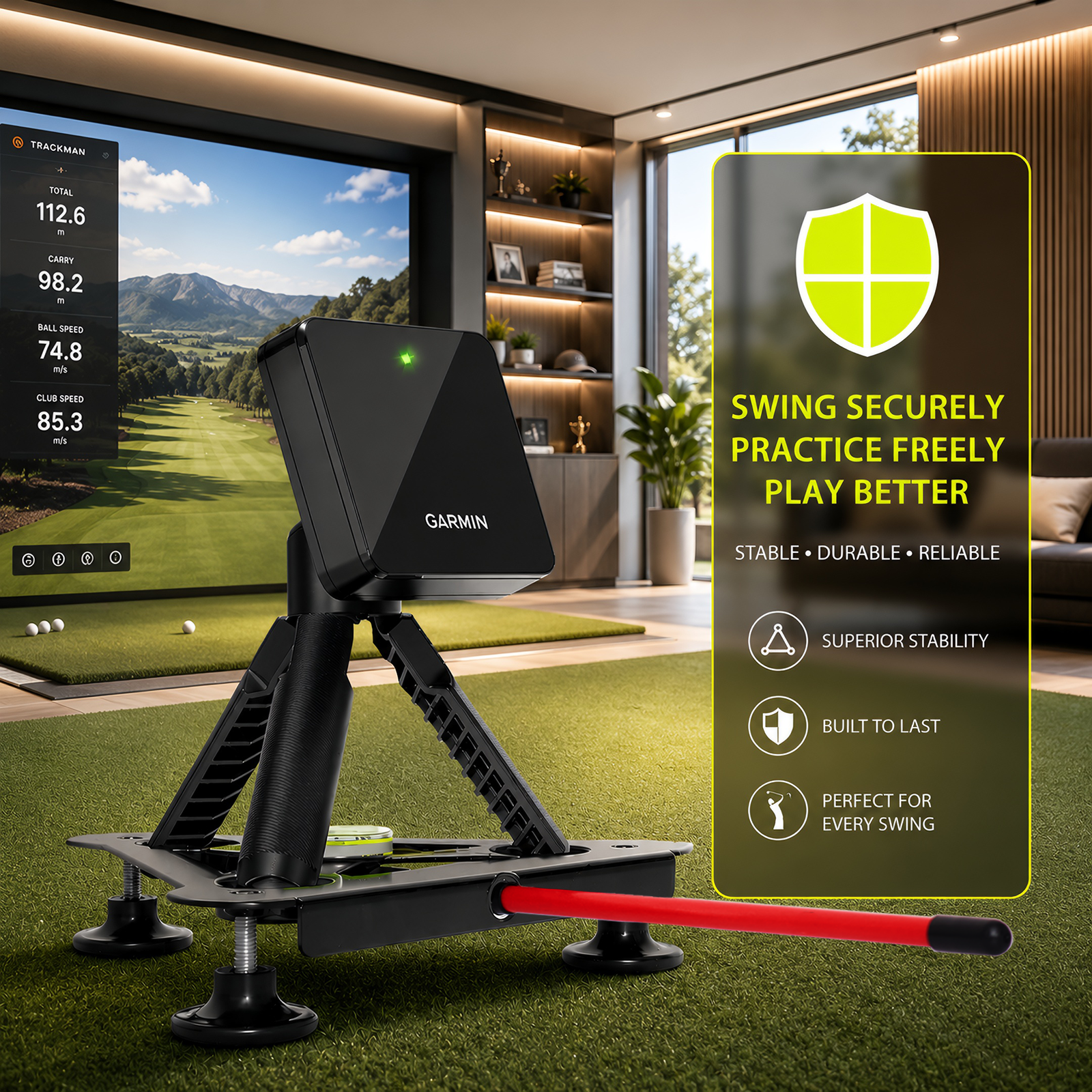 Garmin R10 on leveling stand in a home simulator room with alignment rod