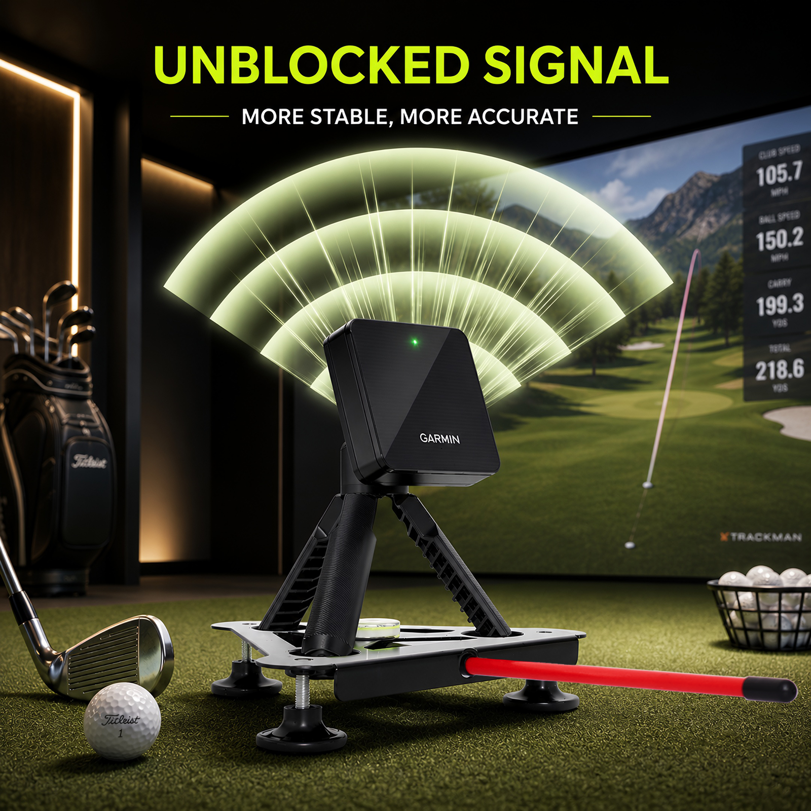 Garmin R10 on leveling stand with visual signal wave graphic, golf simulator background