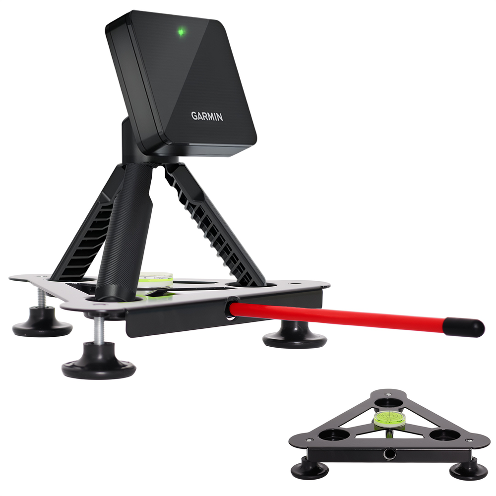 Garmin R10 mounted on triangular metal leveling stand, product photo on white background