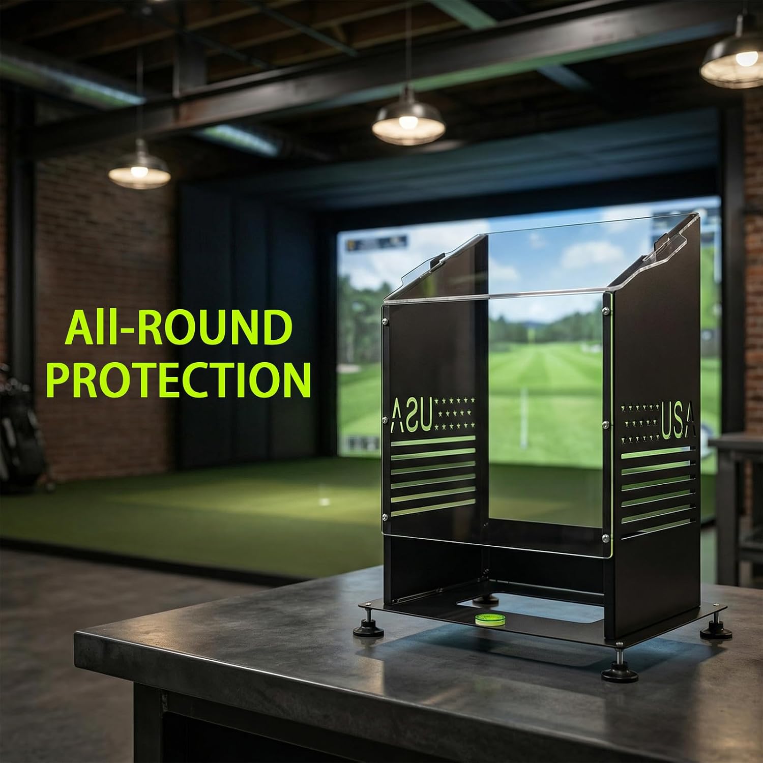 Garmin R50 case in an indoor golf simulator setup with screen display