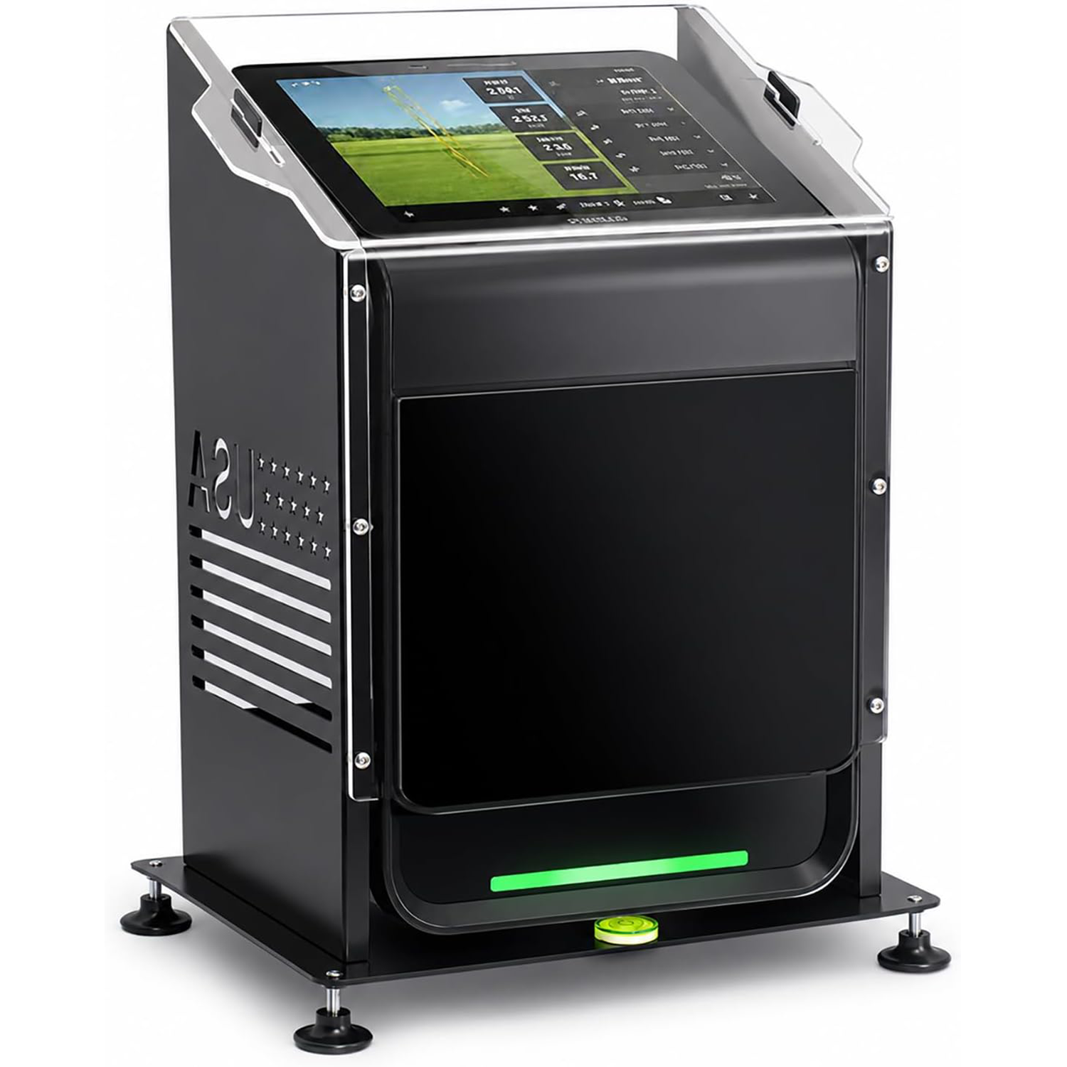 Black metal and acrylic protective case for Garmin R50 launch monitor with device installed