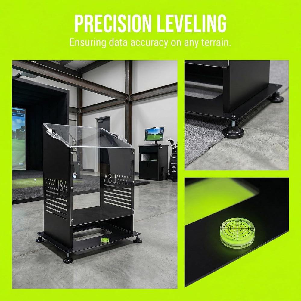 Garmin R50 case leveling feet and magnetic level detail in a golf simulator room