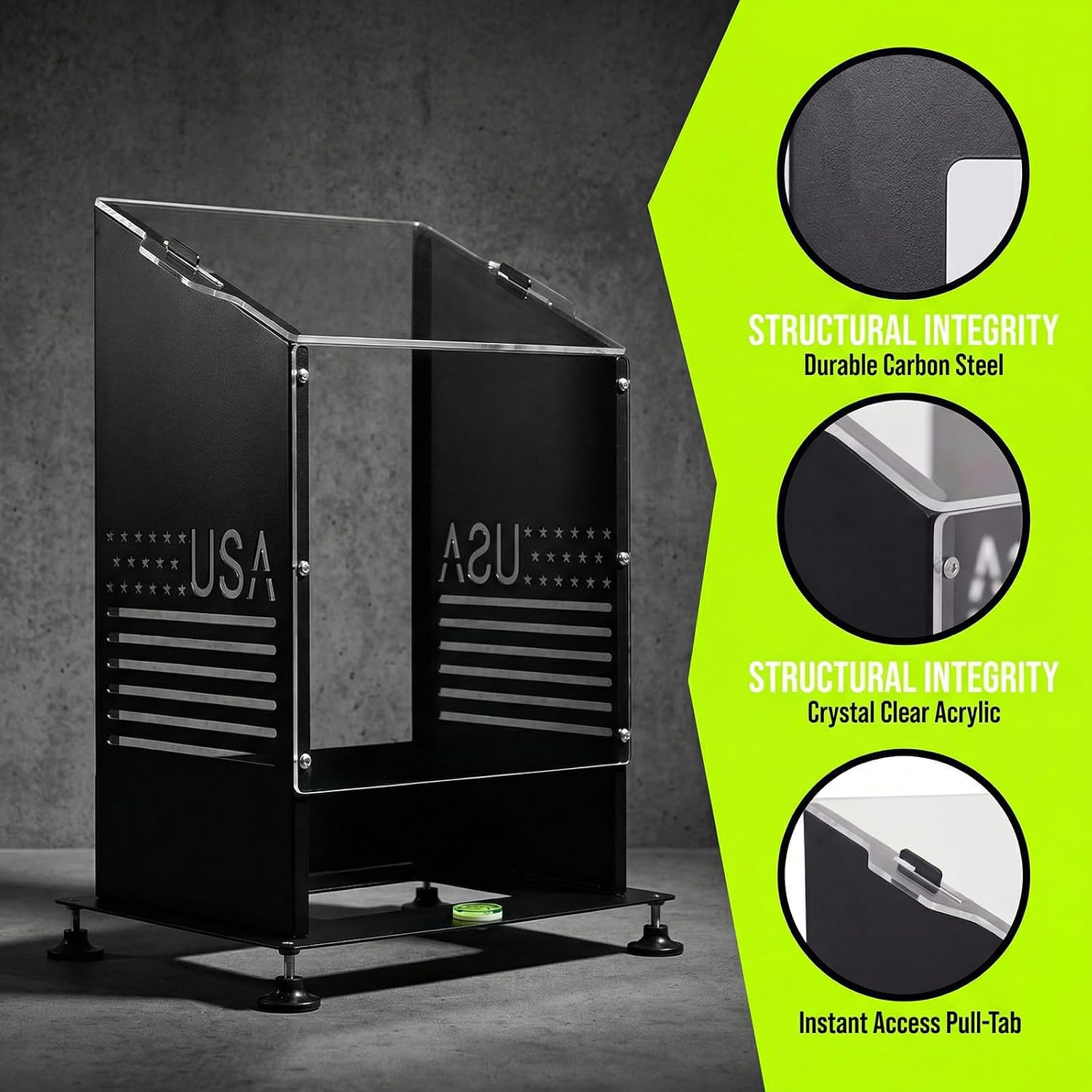 Close-up details of R50 case carbon steel frame, acrylic panel, and quick-release top