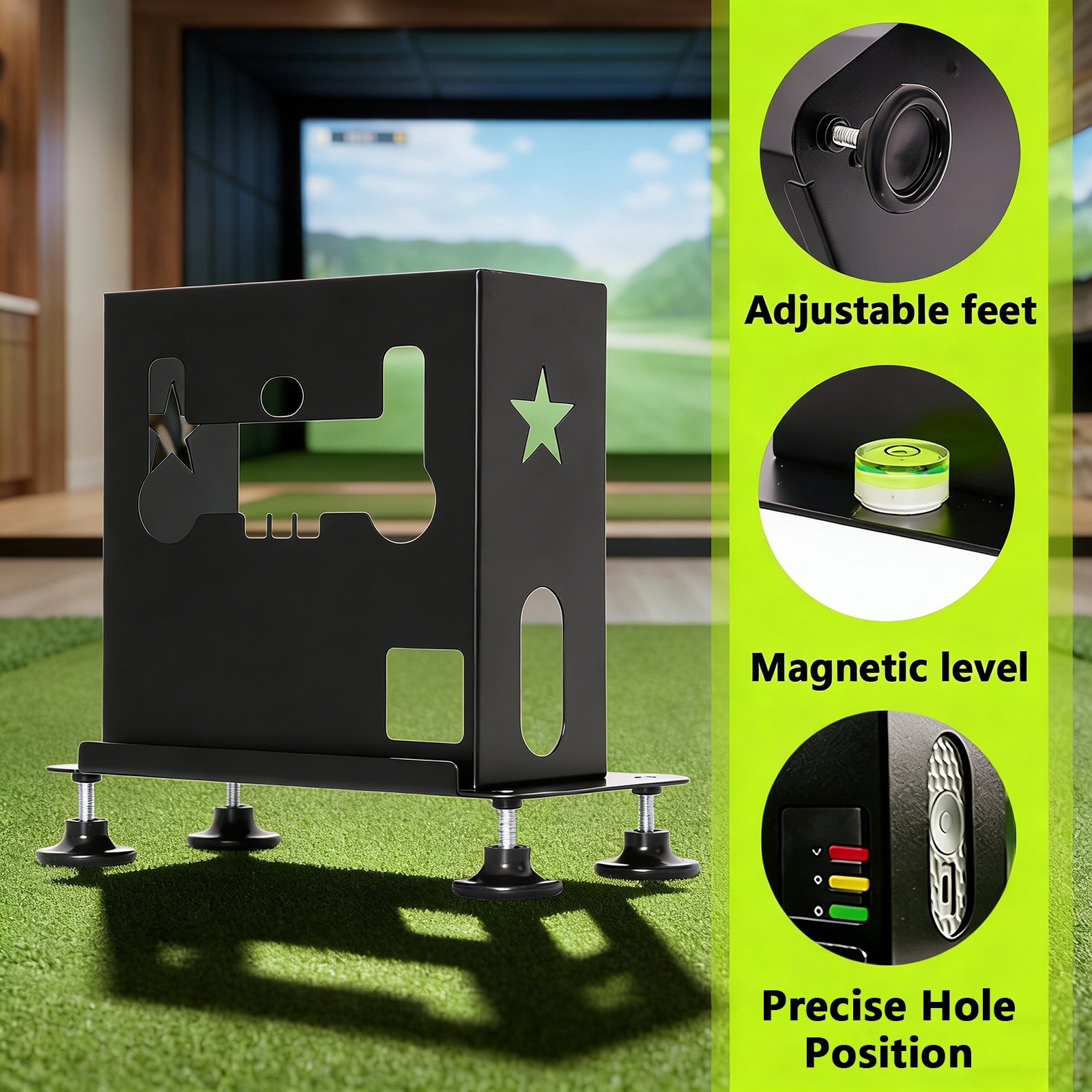 SkyTrak case adjustable feet, magnetic level, and status light position details