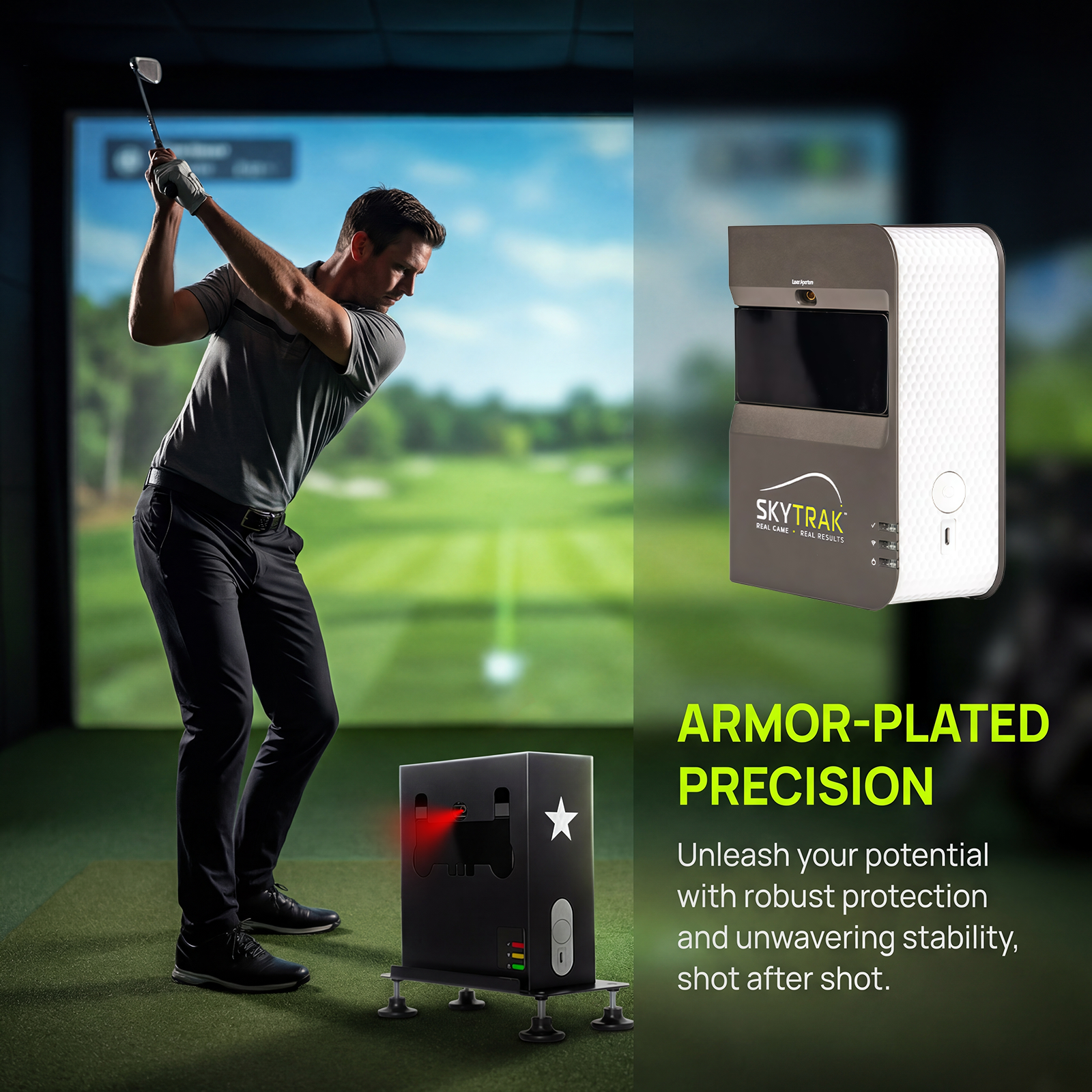 Golfer swinging in simulator room with SkyTrak case and device shown side by side