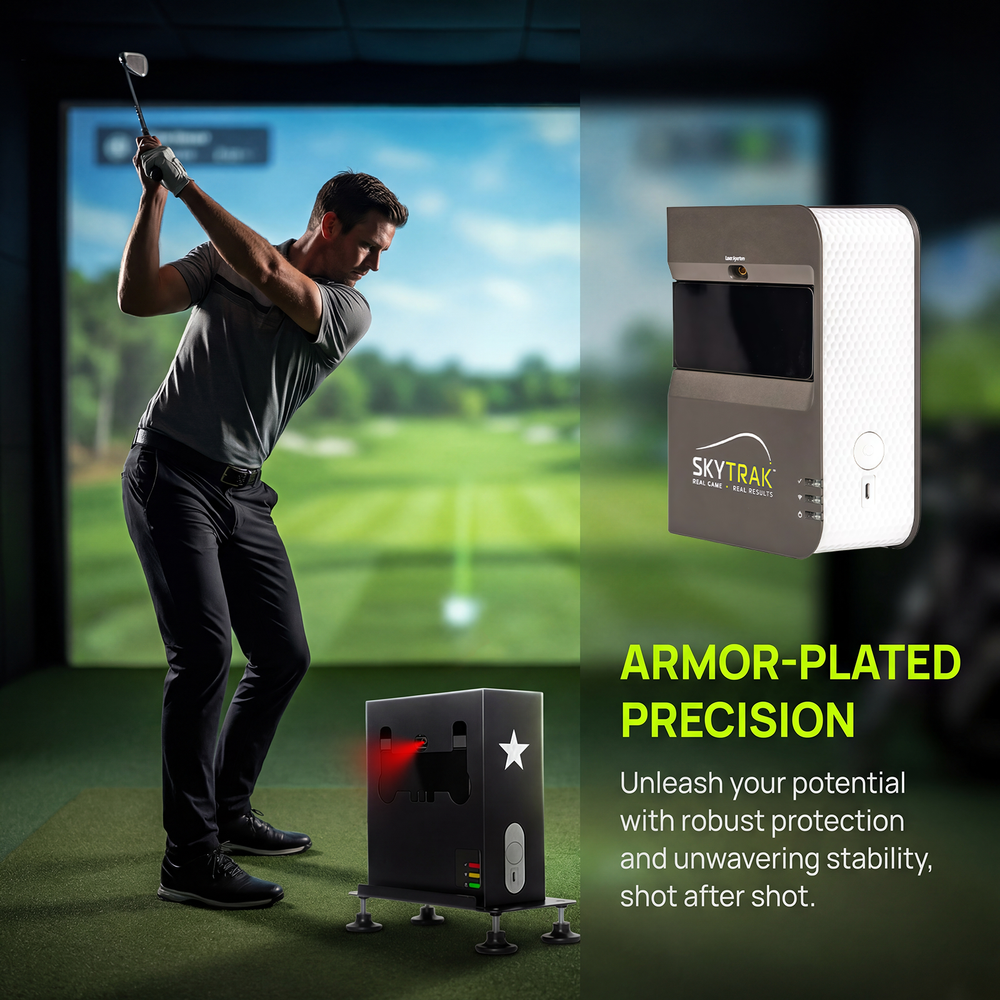 Golfer swinging in simulator room with SkyTrak case and device shown side by side