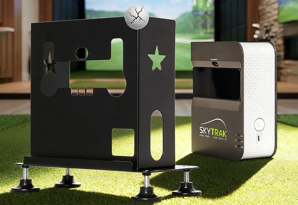 SkyTrak  protective case displayed beside a SkyTrak launch monitor