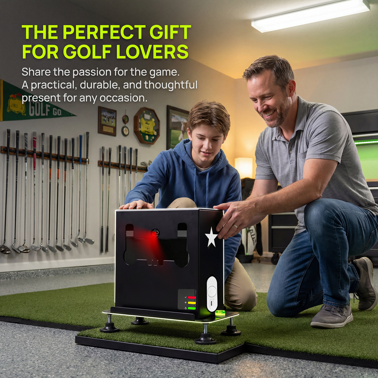 Father and son setting up SkyTrak case in a home golf simulator garage