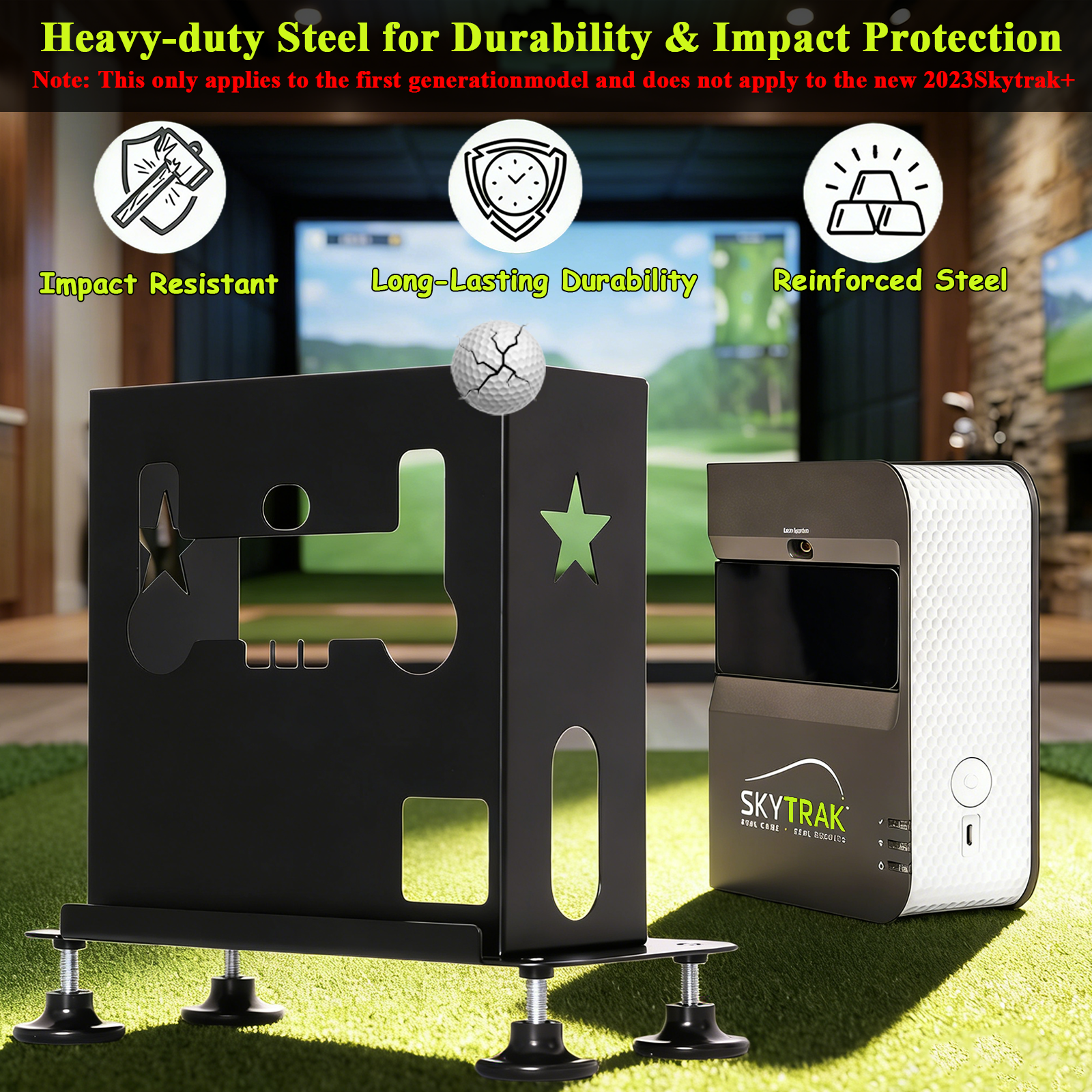 SkyTrak protective case beside the actual SkyTrak launch monitor, heavy-duty steel features