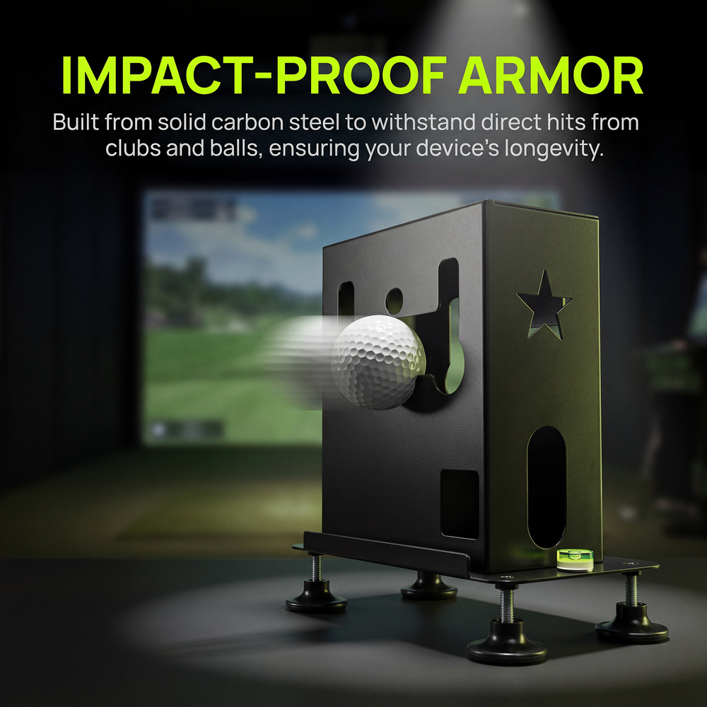 Golf ball flying toward SkyTrak case opening, impact-proof carbon steel design