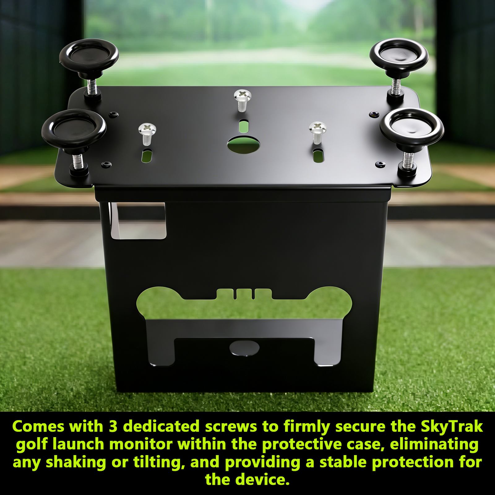 Top-down view of SkyTrak case mounting screws and adjustable feet