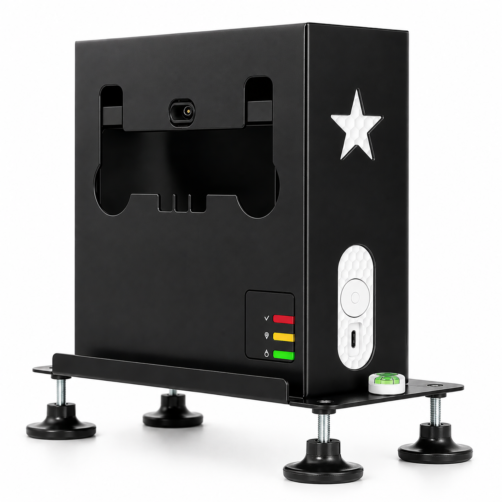 SkyTrak launch monitor secured in Steelink protective case, front view