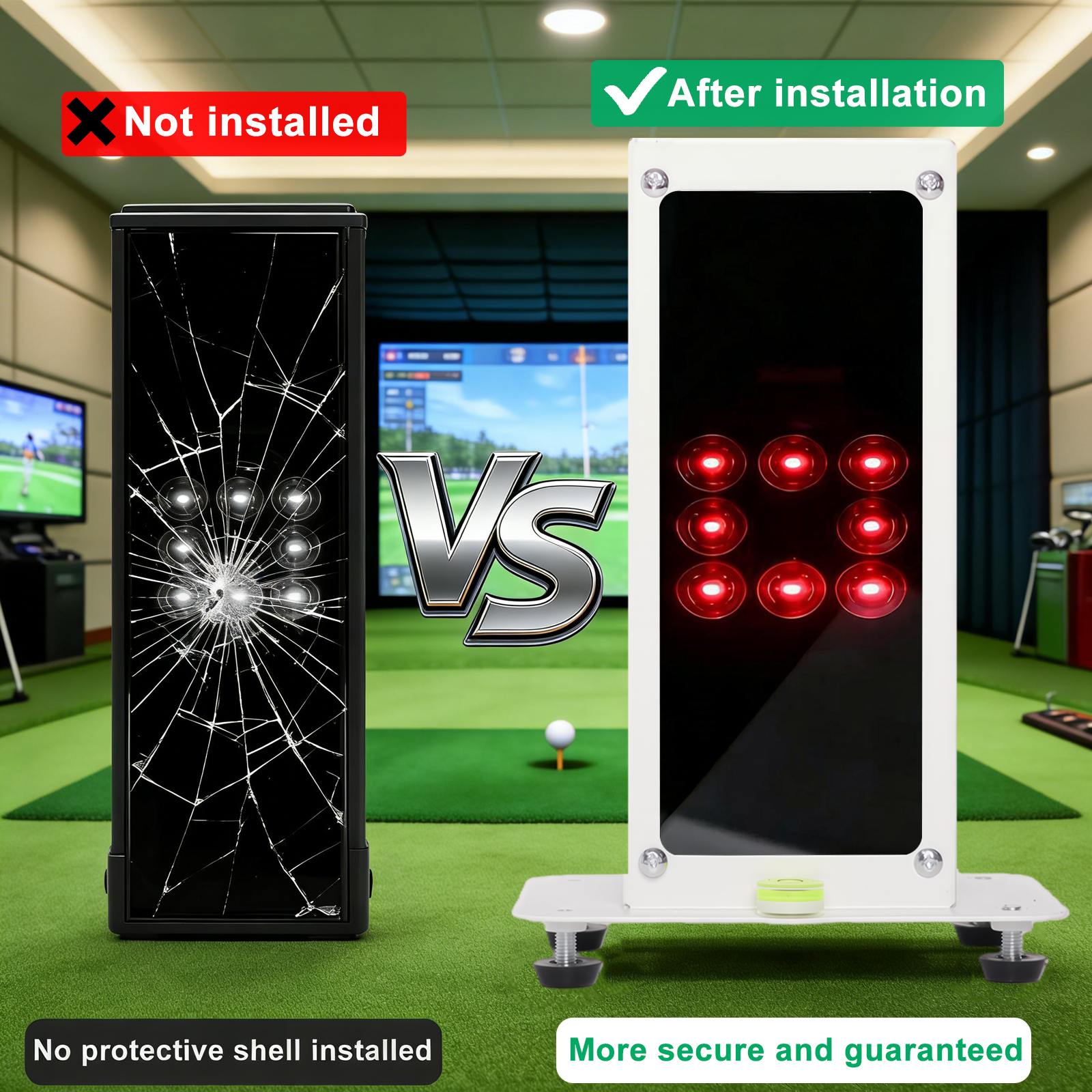Square Golf device screen comparison: cracked without case versus protected after installing case