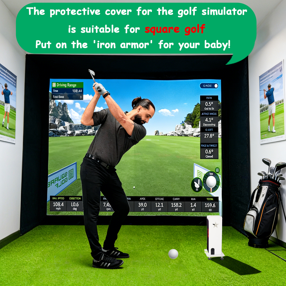Golfer swinging in simulator room with Square Golf case visible on the floor
