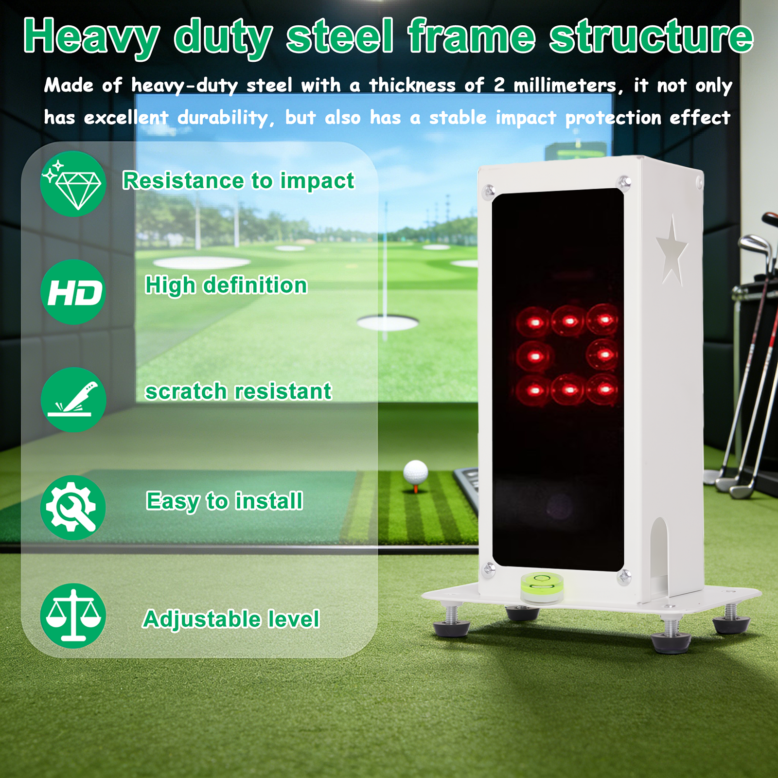 Square Golf case heavy-duty steel frame with impact resistance and adjustable level features