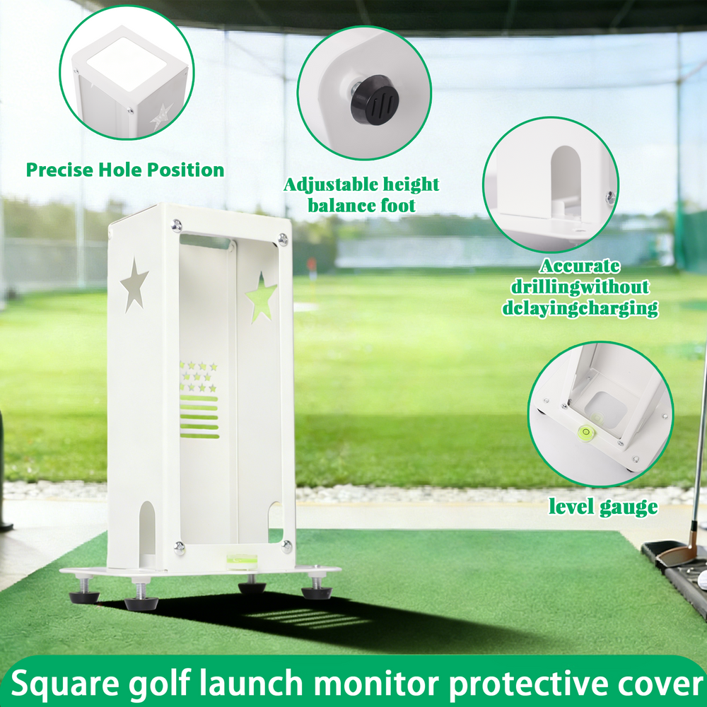 Square Golf case precise hole positioning, adjustable foot, and level gauge detail shots
