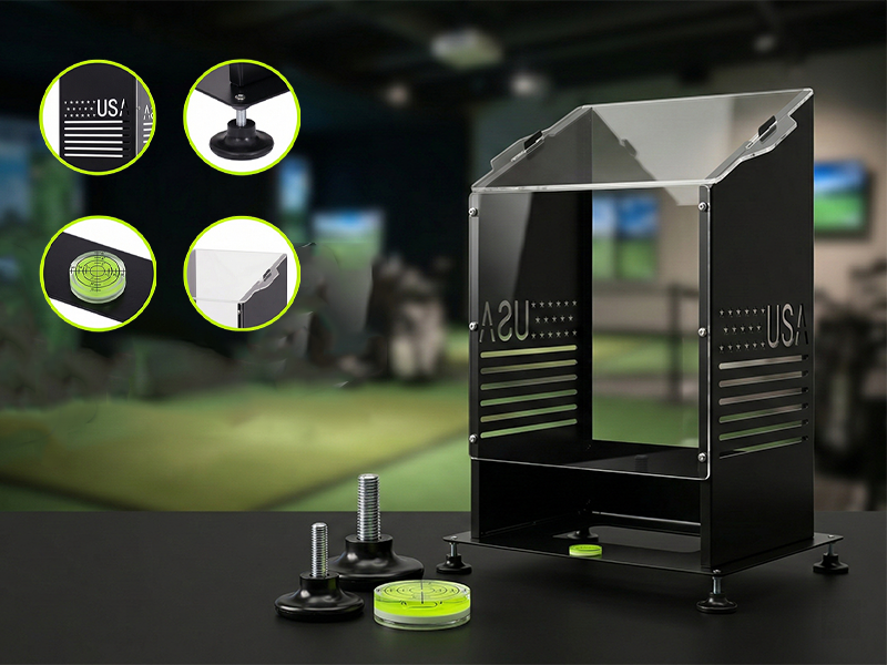 Close-up details of Steelink protective case: USA design, level, adjustable feet