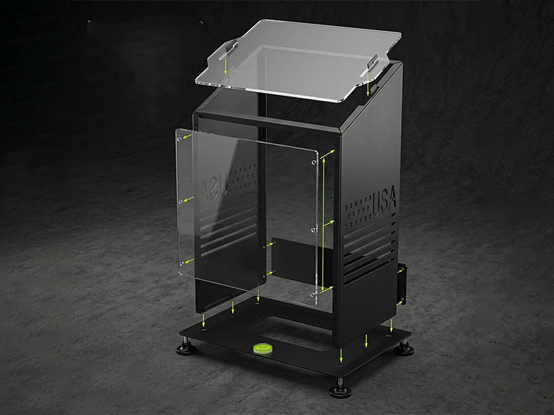 Exploded assembly view of Steelink acrylic and steel protective case